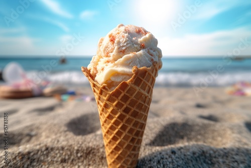 Close up of fresh tasty ice cream in a cone by generative ai