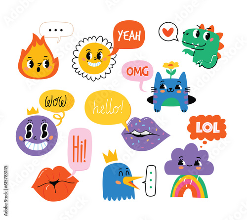 Collection of cute cartoon retro characters and lips with speech bubbles  with smiling faces. Trendy characters for posters invitations cards web designs decorations and media. Isolated vector images
