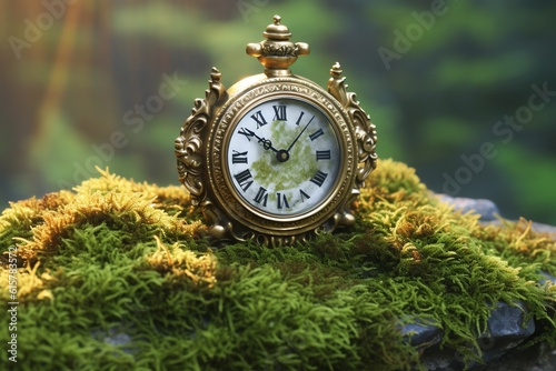 An ornate clock on a moss-covered rock