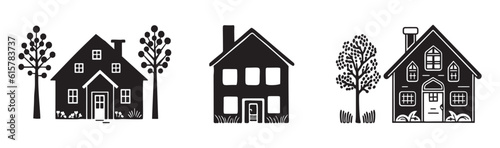 Set of rustic cottage motif in homestead vintage style. Vector illustration of whimsical rural country house. 