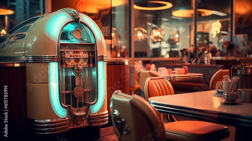 A jukebox in a googie style biker diner cinematic generated AI photo