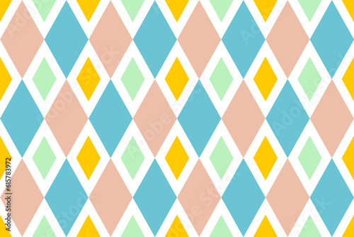 Background of colorful diamonds. Seamless pattern for cloth, textile, decor, card, wrapping paper, curtains, fashion.