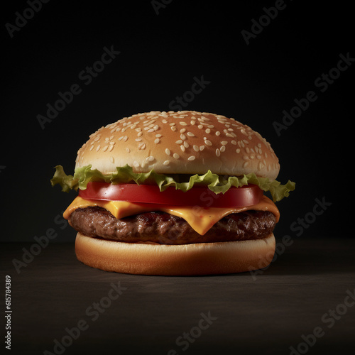 Delicious burger with beef, cheese and vegetables on dark background. Generative AI.