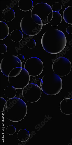 transparent balls illuminated by a key light on a black background, vertical composition