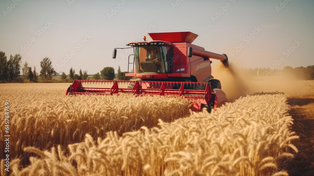 Fototapeta premium Combine harvester harvests ripe wheat. Generative AI