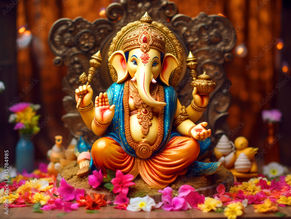 Illustration of Lord Ganesha sculpture with decorative elements - ai generative