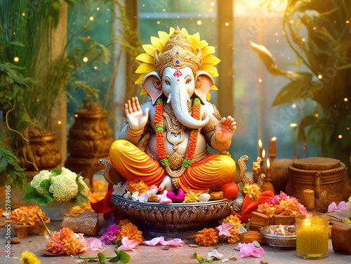Illustration of Lord Ganesha sculpture with decorative elements - ai generative