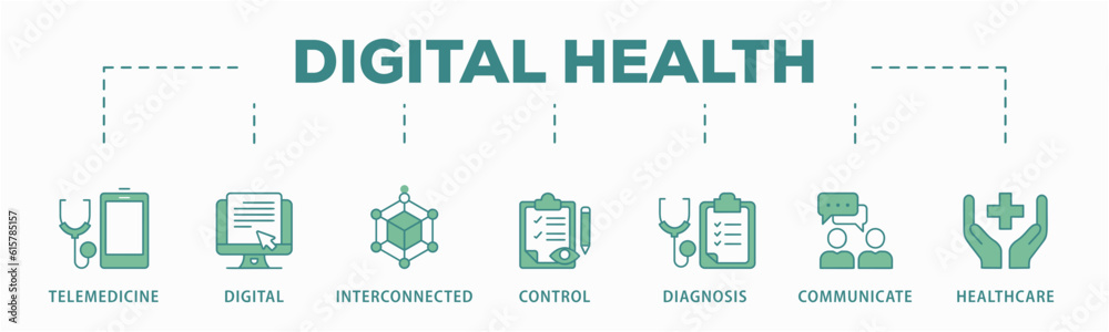 Digital health banner web icon vector illustration concept for technology in medical healthcare with icon of e-health, telemedicine, interconnected, smartwatch, diagnosis, email, and medical app Digital health banner web icon vector illustration concept for technology in medical healthcare with icon of e-health, telemedicine, interconnected, smartwatch, diagnosis, email, and medical app