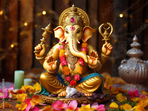 Illustration of Lord Ganesha sculpture with decorative elements - ai generative