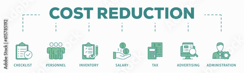 Cost reduction banner web icon vector illustration concept with icon of checklist, personnel, inventory, salary, tax, advertising and administration