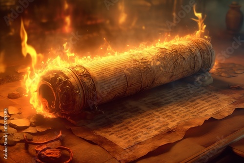 Burning ancient scroll ancient wisdom background