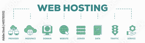 Web hosting banner web icon vector illustration concept with icon of provider, webspace, domain, website, server, data, traffic and service
