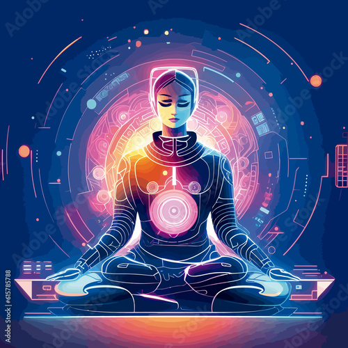 robot human sitting in a mediation pose eyes closed cyber computer illustration