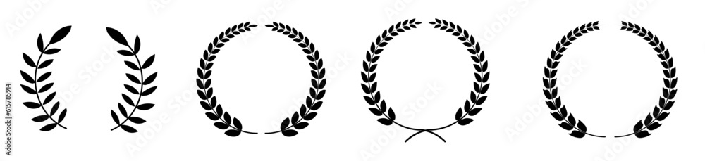 Set black silhouette circular laurel foliate, wheat and oak wreaths depicting an award, achievement, heraldry, nobility on white background. Emblem floral greek branch flat style Set black silhouette circular laurel foliate, wheat and oak wreaths depicting an award, achievement, heraldry, nobility on white background. Emblem floral greek branch flat style
