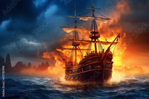 Burning pirate ship maritime vessel