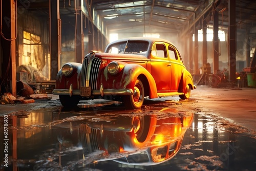 Burning vintage car fiery red and orange sparks