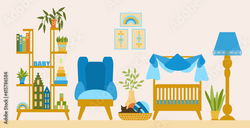Illustration of a cozy children's room with a cot, a floor lamp, an armchair and a shelf in the boho style. Illustration in a flat hand-drawn style.