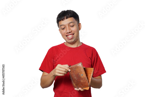 Adult Asian man showing amazed expression while holding his wallet full of money