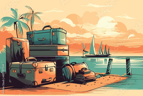travel suitcase on the beach with sea