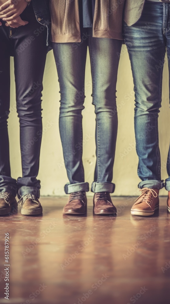 Three people in jeans and shoes. Generative AI