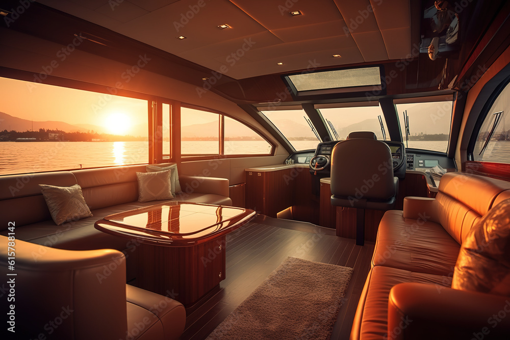 Interior of luxury motor yacht at sunset. Generative AI