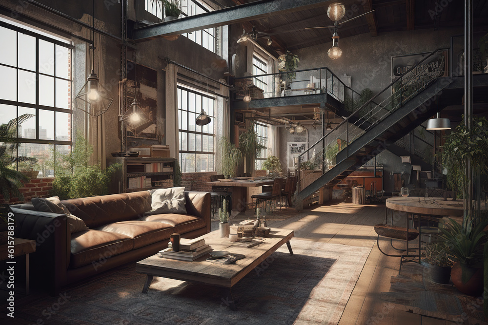 Industrial style interior of a loft living room or apartment. Generative AI Industrial style interior of a loft living room or apartment. Generative AI