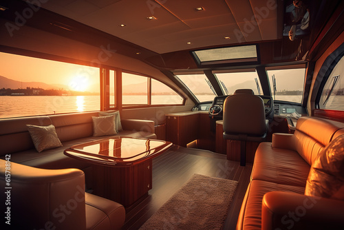 Interior of luxury motor yacht at sunset. Generative AI