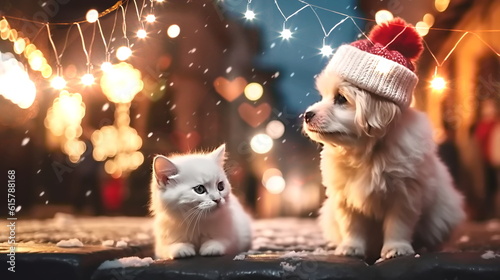 Cat and dog,puppy and kitty in red Santa claus hat near Green Christmas tree decorated on city street holiday festive background,generated ai © Aleksandr
