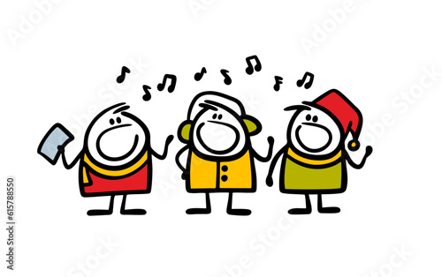 Choir of boys sing Christmas carols outside in winter. Vector illustration of children in warm clothes and a street concert.