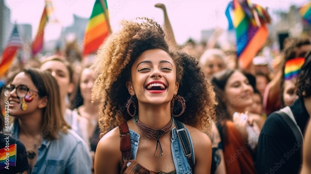 Crowd raising and holding rainbow flags during gay pride. Multiracial gay people having fun at pride parade Concept of lgbt,lgbtq and homosexual or transexual love proud LGBTQ community