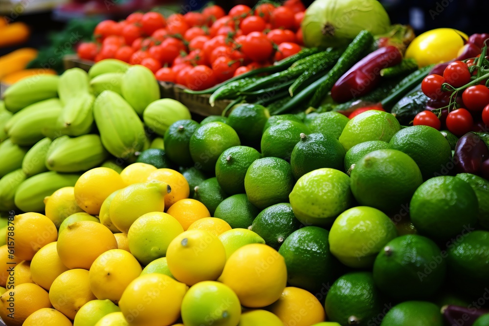Fruit market with various colorful fresh fruits, citrus and vegetables