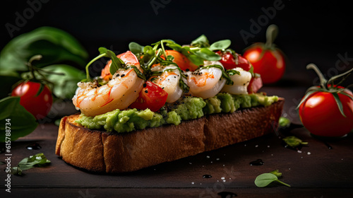 some food that is on top of a piece of toasted bread with tomatoes and avocados in the background