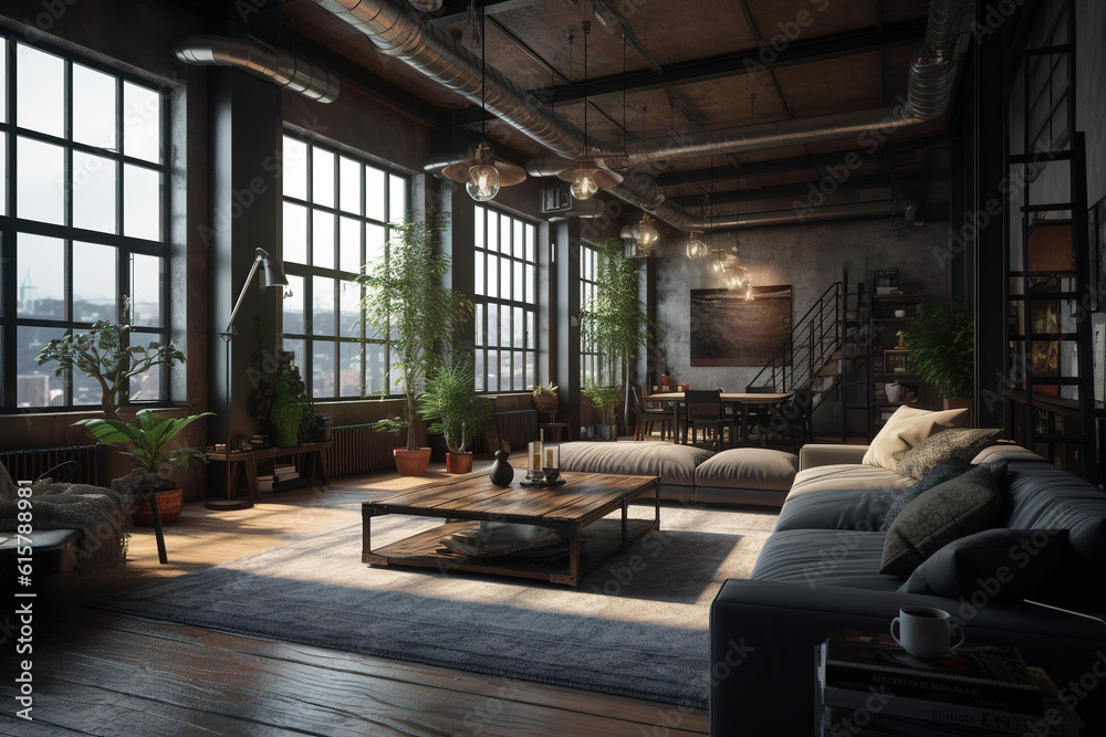 Industrial style interior of a loft living room or apartment. Generative AI Industrial style interior of a loft living room or apartment. Generative AI
