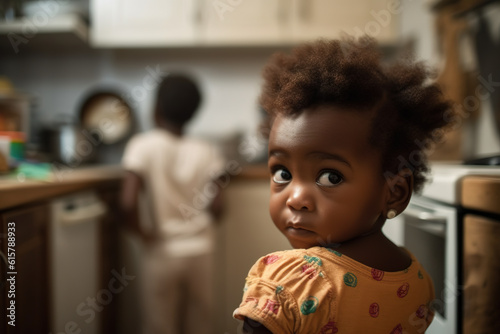 African baby photographed from behind in the kitchen with brother in the background. Generative AI
