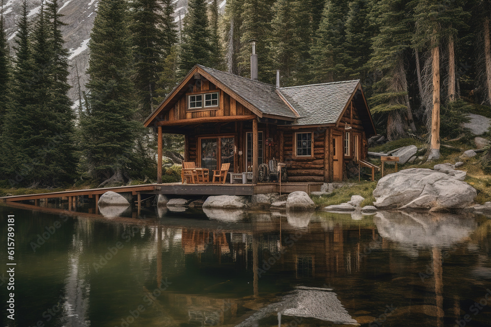 Fototapeta premium Cozy cabin nestled on the tranquil shore of a mountain lake. Generative AI