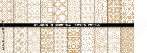 Geometric set of seamless gold and white patterns. Simpless vector graphics