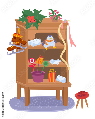 Wooden brown cupboard with shelves and Christmas toys, letters. Vector cartoon illustration. Furniture for room interior. Isolated objects on white background for design. 