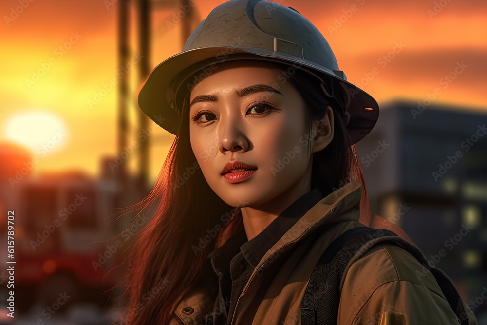 Portrait of a beautiful asian woman engineer with hard hat at sunset.Generative Ai