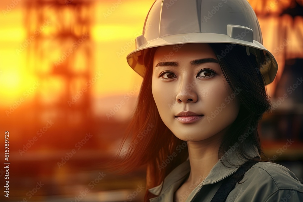 Portrait of a beautiful asian woman engineer with hard hat at sunset.Generative Ai Portrait of a beautiful asian woman engineer with hard hat at sunset.Generative Ai