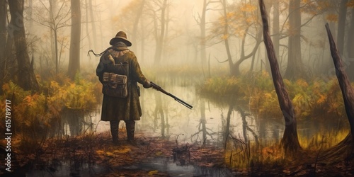 Hunter standing in swamp in forest and holding in his hand an old hunting rifle, concept of Nature preservation, created with Generative AI technology photo