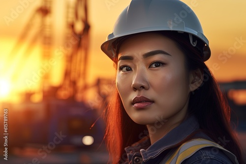 Portrait of a beautiful asian woman engineer with hard hat at sunset.Generative Ai