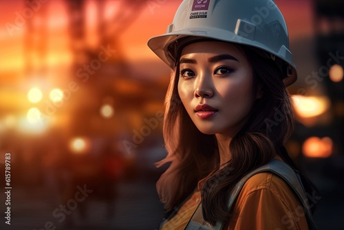 Portrait of a beautiful asian woman engineer with hard hat at sunset.Generative Ai © Rudsaphon