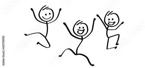 Cartoon dancing couple. Jump, spring, dance and happy stickman people.  Jumping stick figure man person. Party time. to hop, skip on music. Dancers icon. Disco radio symbol.