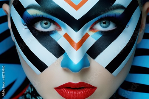 Magnificent Macro Close-up  Mesmerizing Stare of Bodypainting Model with Impressive Facial Color Patterns  Generative AI