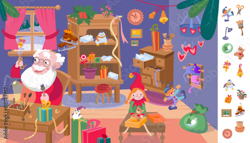 Find and circle objects. Educational game puzzle for kids. Cute Santa and elf makes gifts. Workshop with furniture, gifts, letters. Winter Christmas holidays. Scene, vector cartoon illustration.