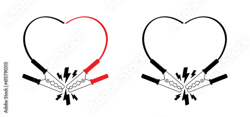 Cartoon jumper cable or jumper lead for car. Booster cable. Plus and minus poles. Battery and charge with love, heart icon. Battery jumper power cables. Jump start vehicle cable. Charging battery sign