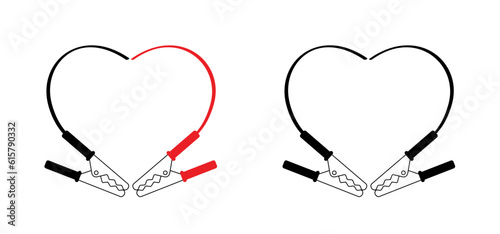 Cartoon jumper cable or jumper lead for car. Booster cable. Plus and minus poles. Battery and charge with love, heart icon. Battery jumper power cables. Jump start vehicle cable. Charging battery sign