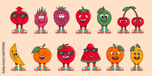 Retro labels with trendy groovy fruits. Collection of bright walking happy cartoon characters 70s. Retro fruits and berries, cheerful vegetables waving their hands and smiling
