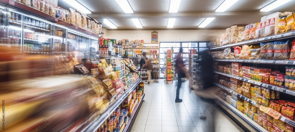 Grocery shopping at supermarket aisle defocused background. Generative AI technology.