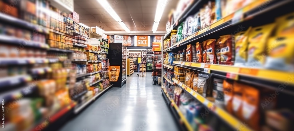 Supermarket aisle defocused background. Generative AI technology.